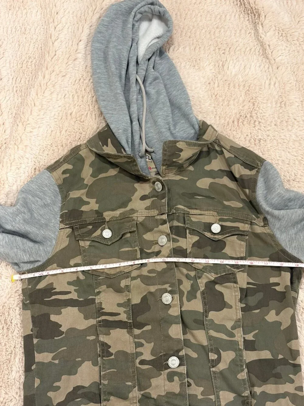 Camo Y2K Hooded Jacket‎ Mixed Media Skater Fleece Layered Contrast Sleeve Coat L